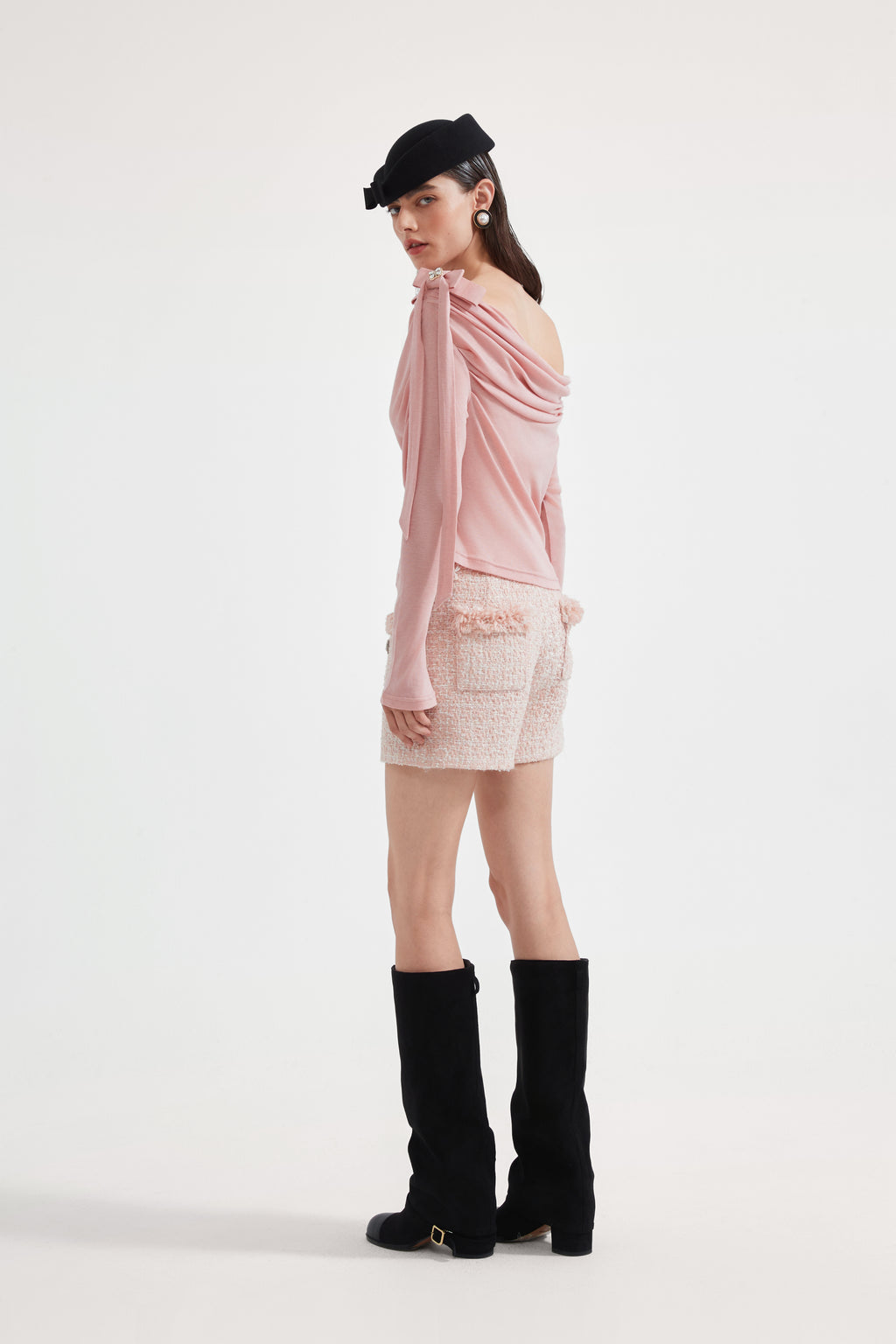 Pink Off-The-Shoulder Pleated Bow Ribbon Blouse