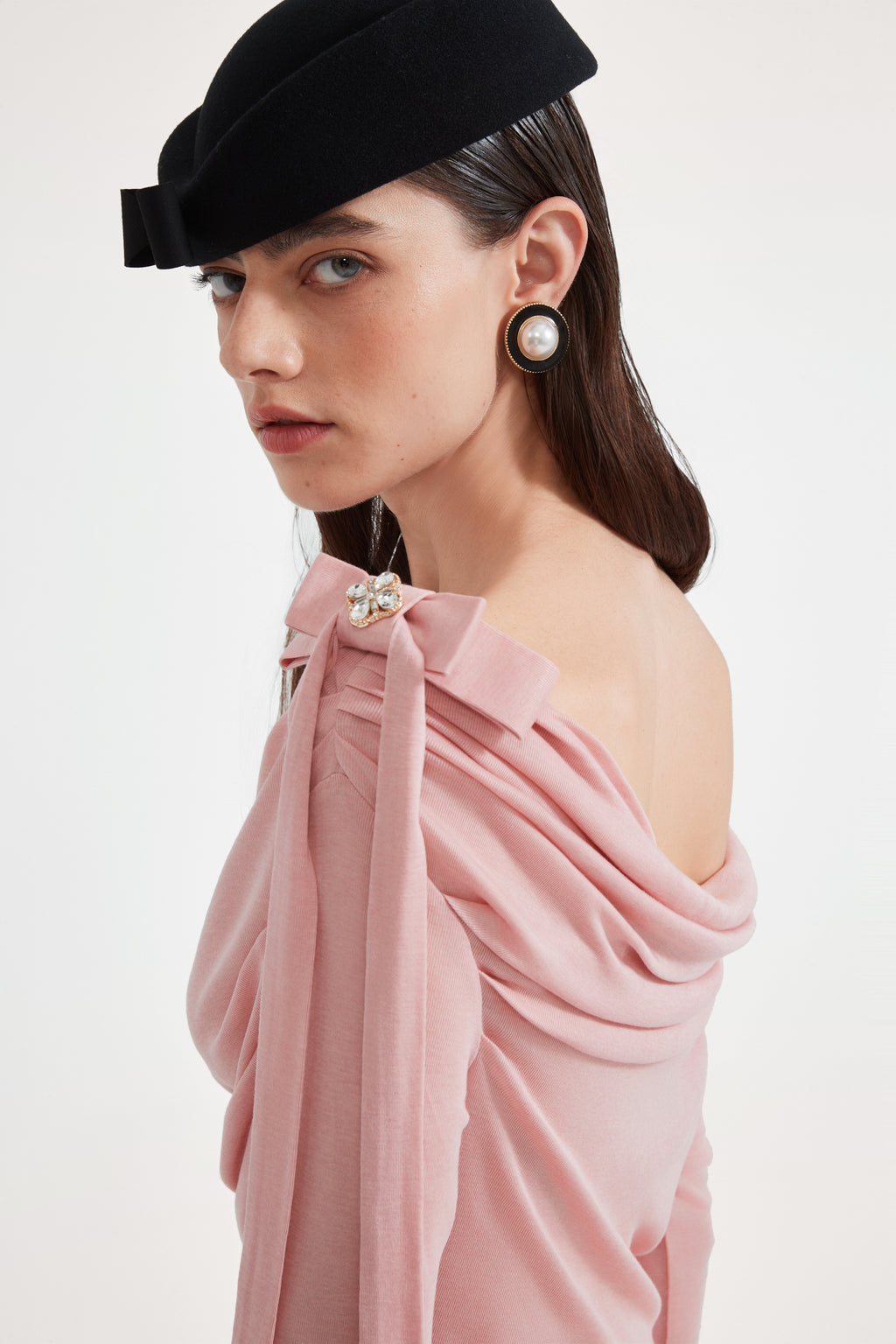Pink Off-The-Shoulder Pleated Bow Ribbon Blouse