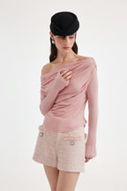 Pink Off-The-Shoulder Pleated Bow Ribbon Blouse