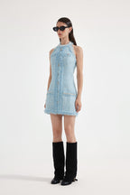 Blue Halter Beaded Tweed Dress