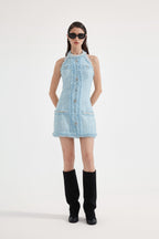 Blue Halter Beaded Tweed Dress