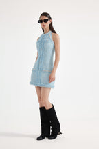 Blue Halter Beaded Tweed Dress