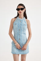 Blue Halter Beaded Tweed Dress