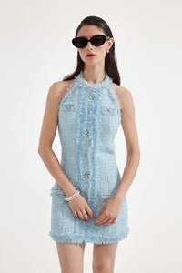 Blue Halter Beaded Tweed Dress