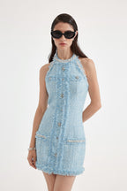 Blue Halter Beaded Tweed Dress