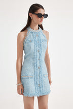 Blue Halter Beaded Tweed Dress