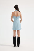 Blue Halter Beaded Tweed Dress