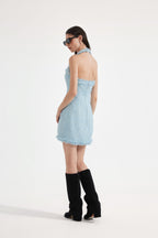 Blue Halter Beaded Tweed Dress