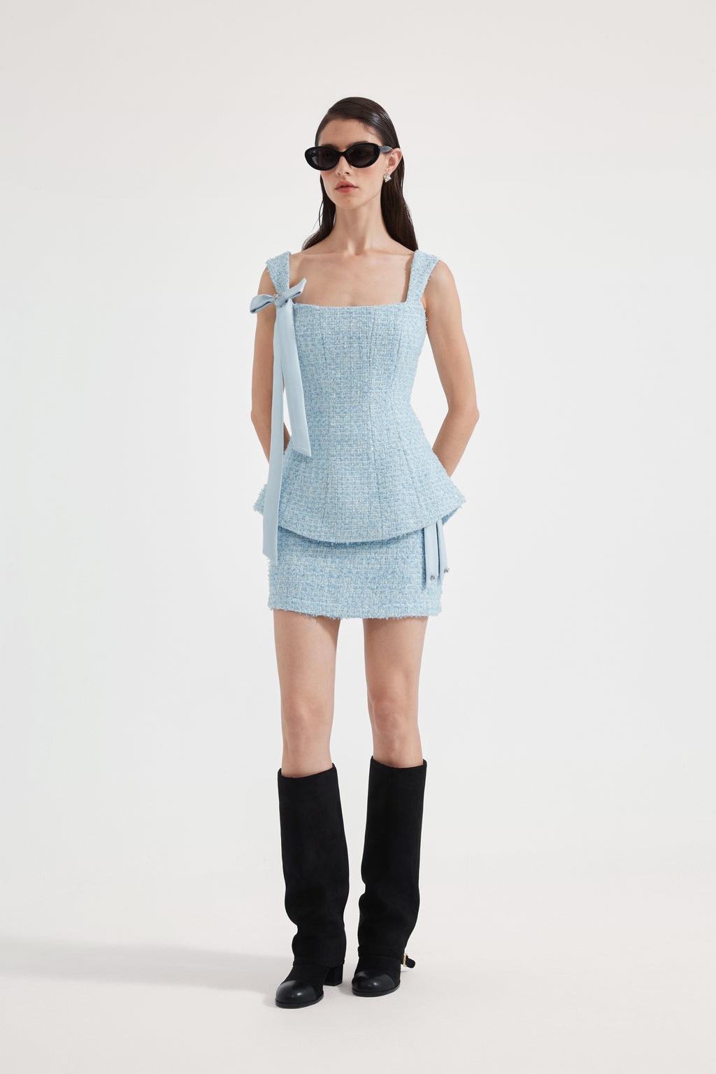 Blue Bow-Detailed Sleeveless Fitted Top
