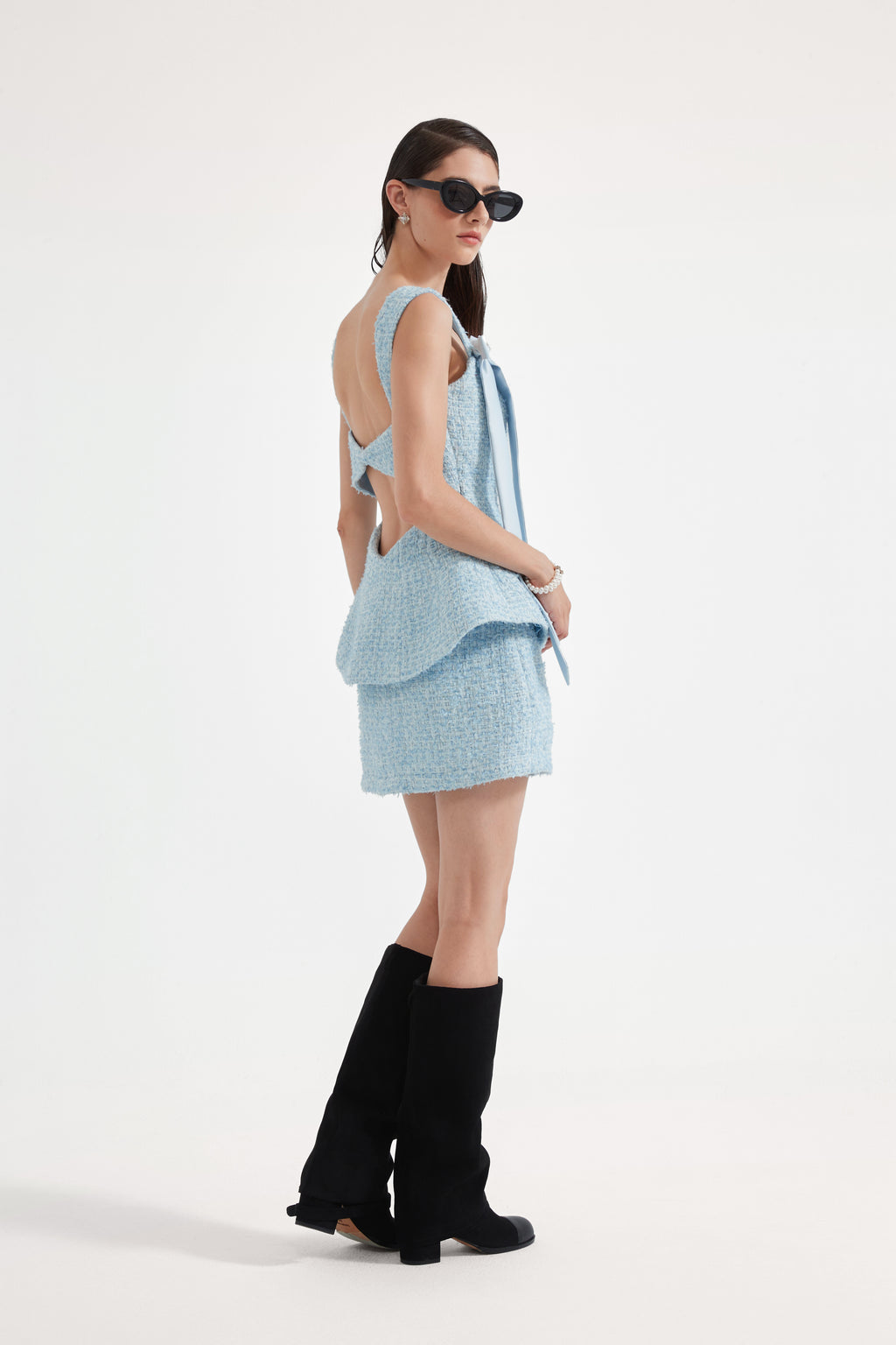Blue Bow-Detailed Sleeveless Fitted Top