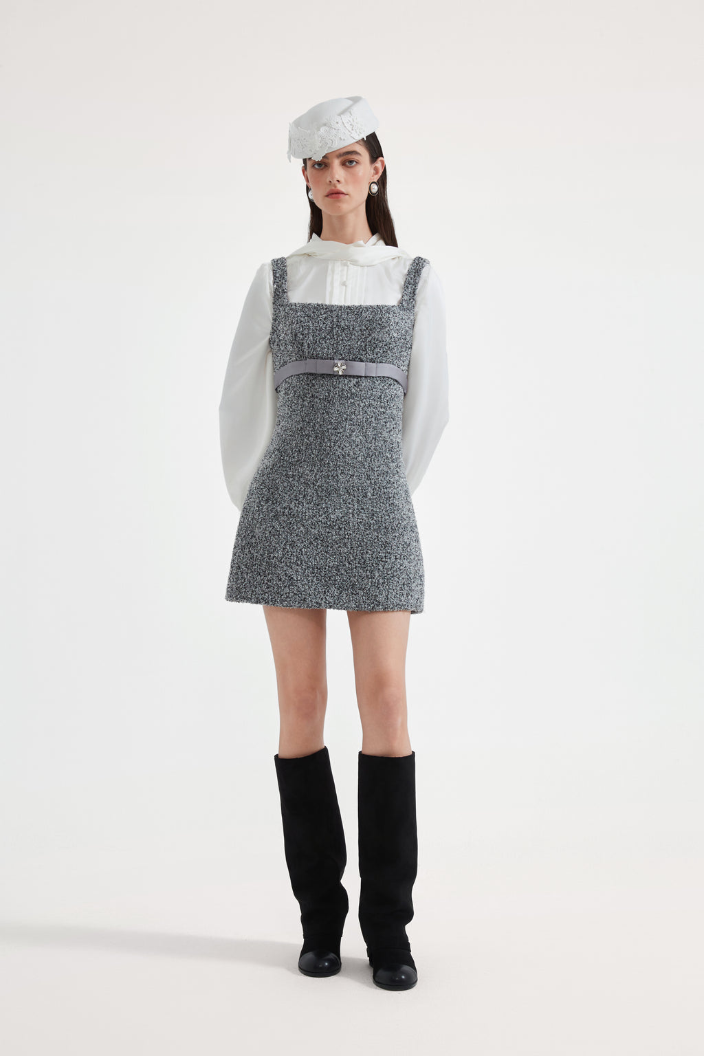 Gray Square-Necked Bow Woolen Dress