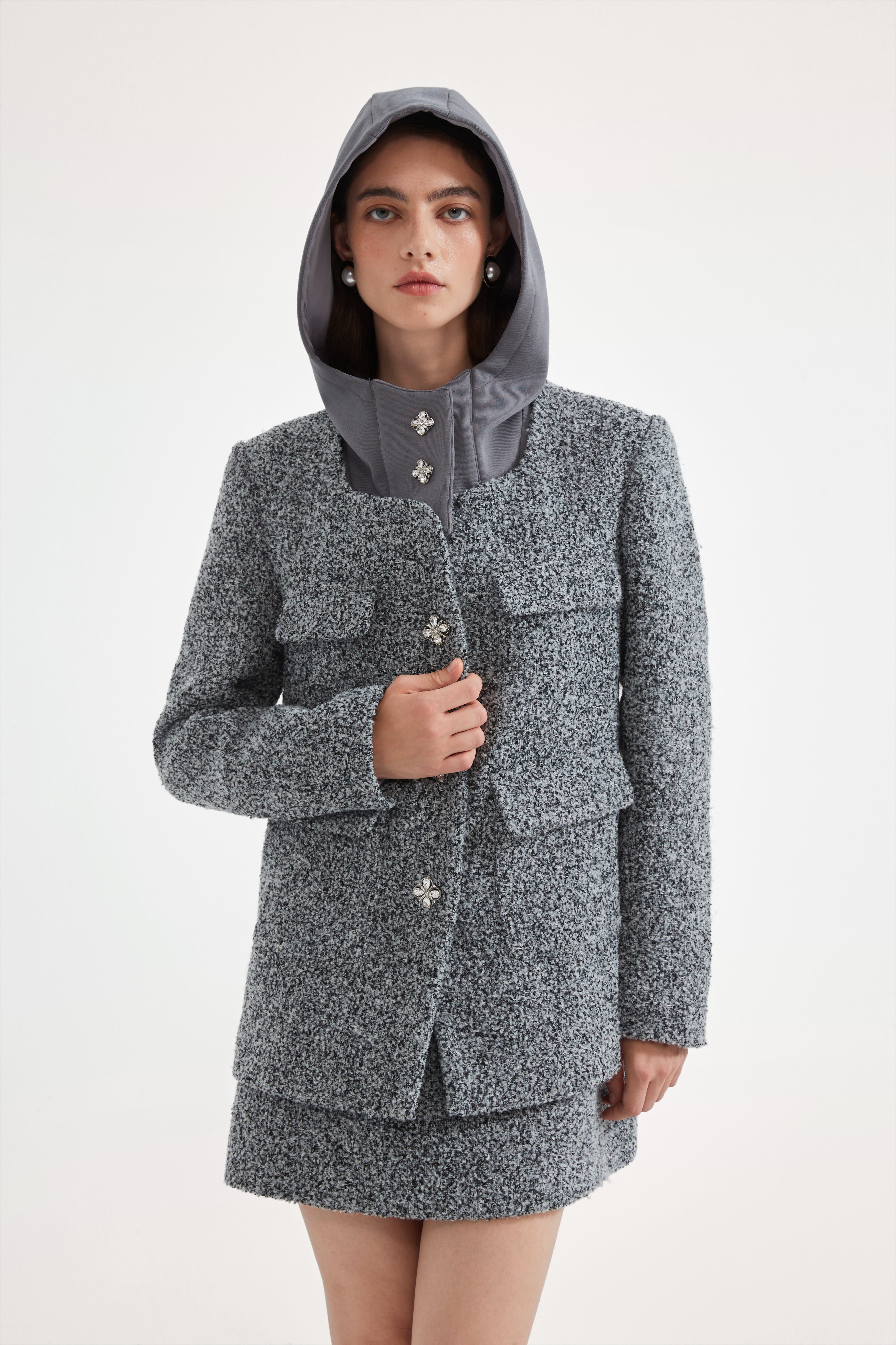 Gray Detachable Square-Necked Tweed Coat