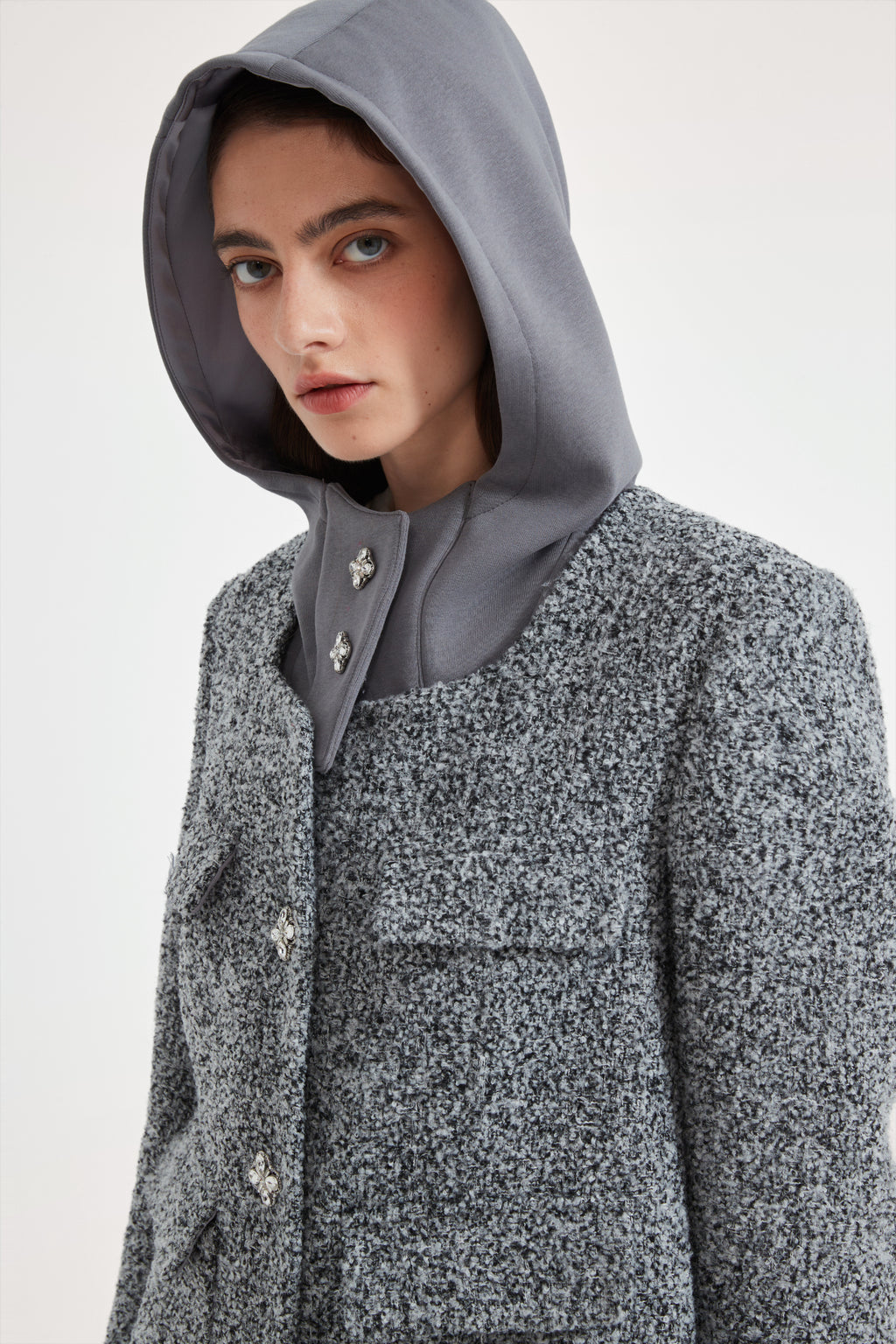 Gray Detachable Square-Necked Tweed Coat
