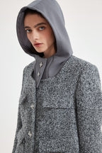 Gray Detachable Square-Necked Tweed Coat