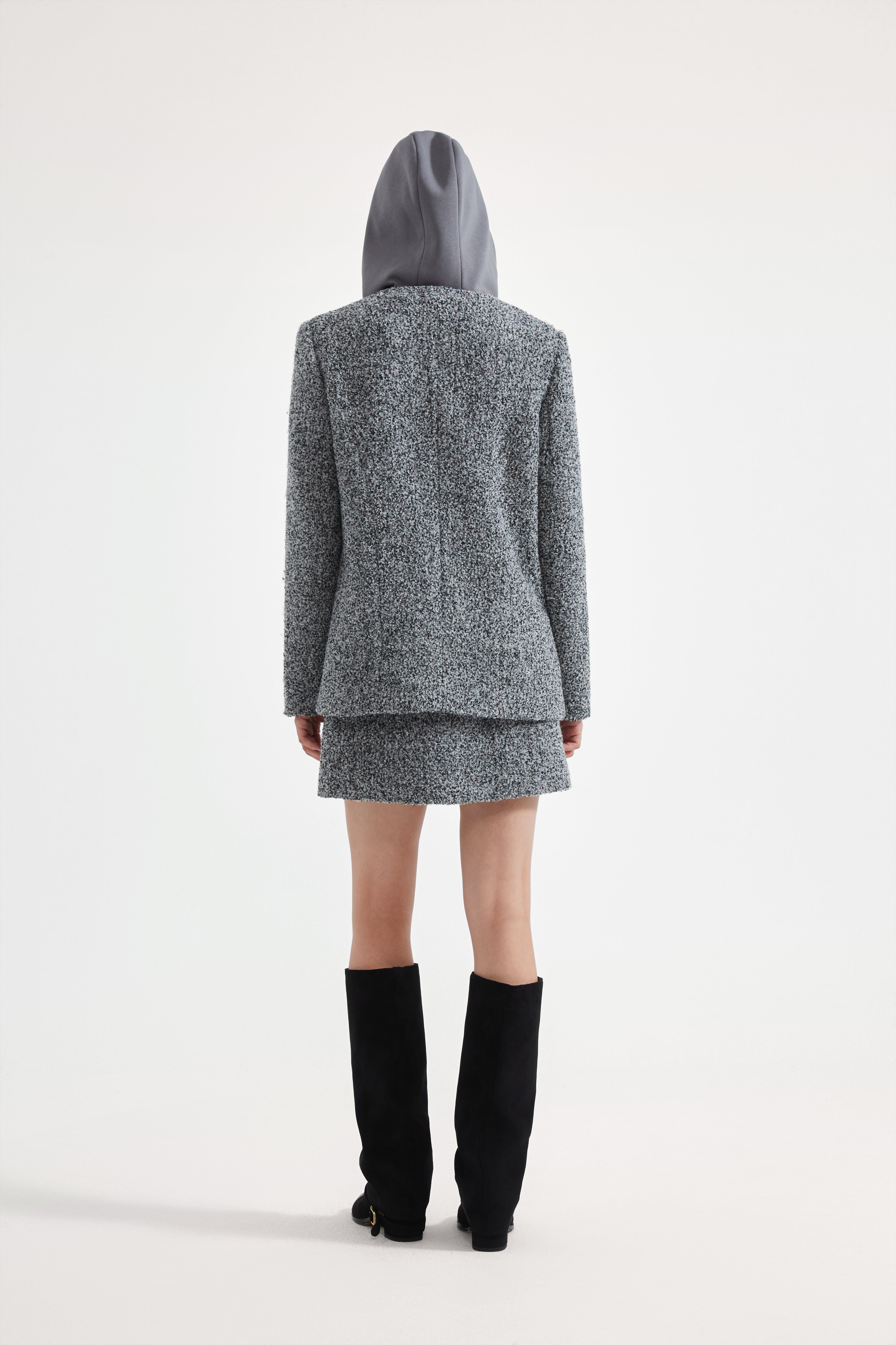 Gray Detachable Square-Necked Tweed Coat