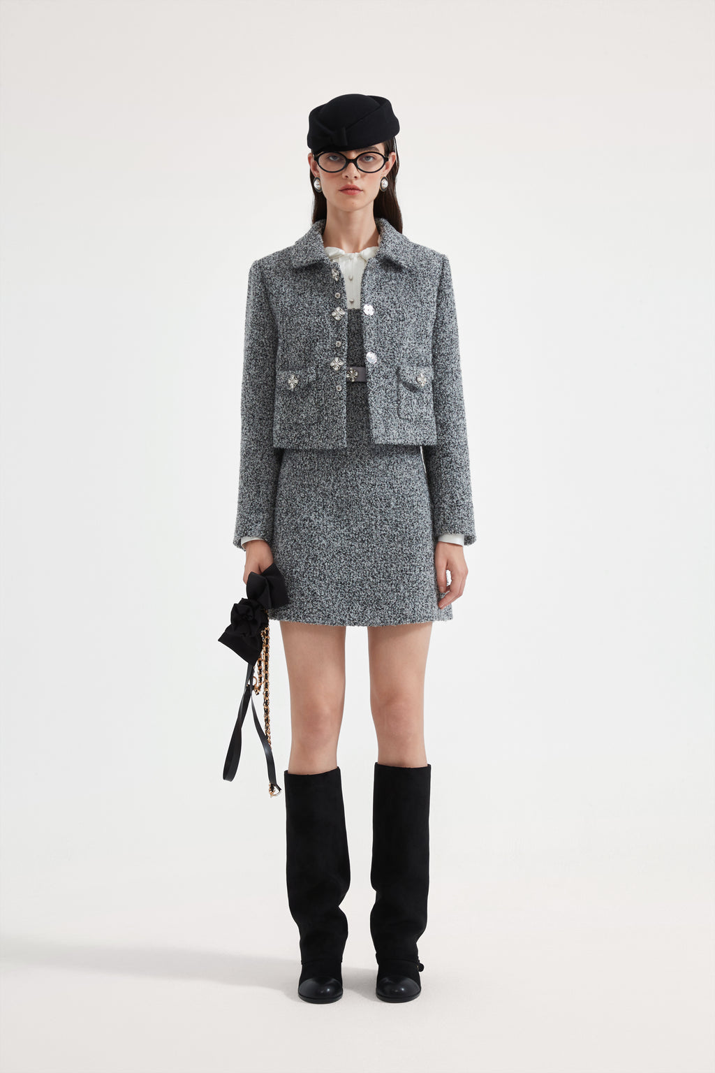 Gray Collar Looped Woolen Coat