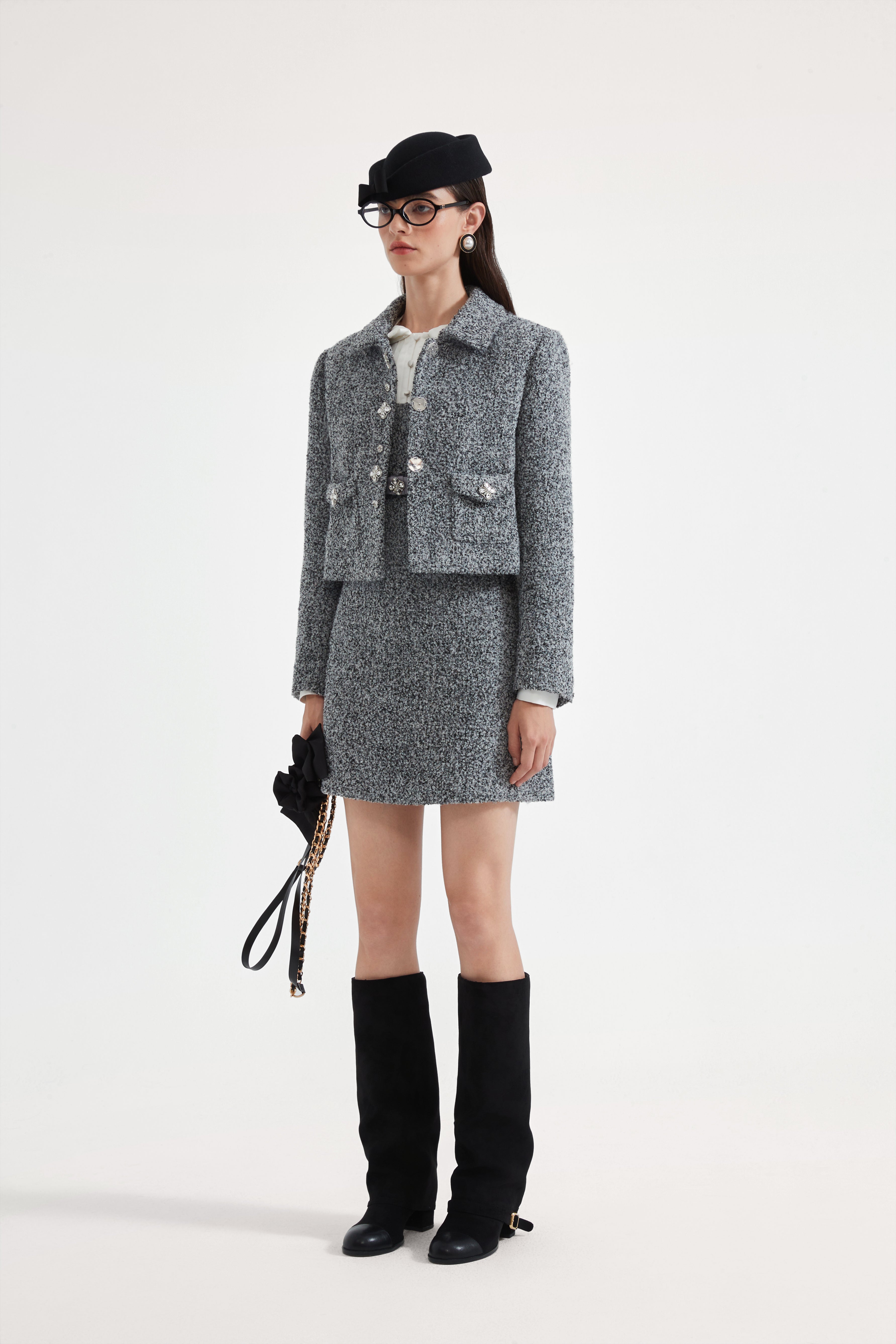 Gray Collar Looped Woolen Coat