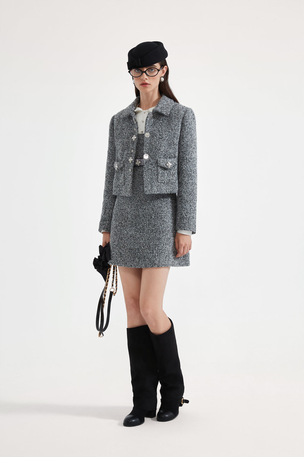Gray Collar Looped Woolen Coat