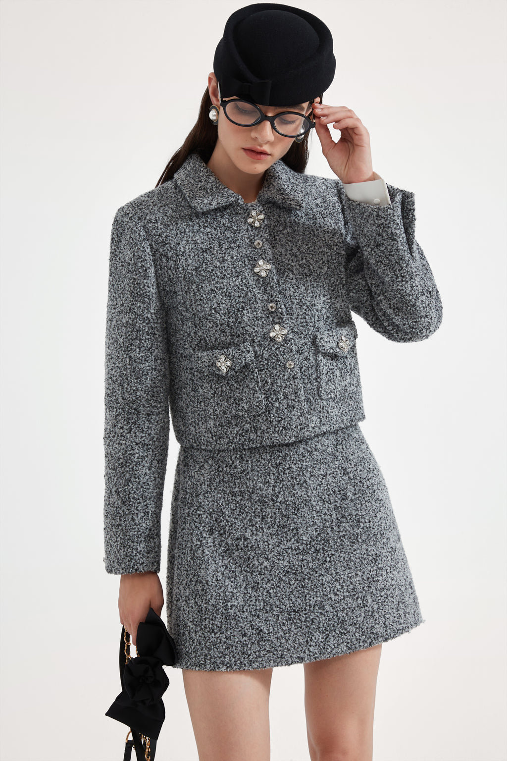 Gray Collar Looped Woolen Coat