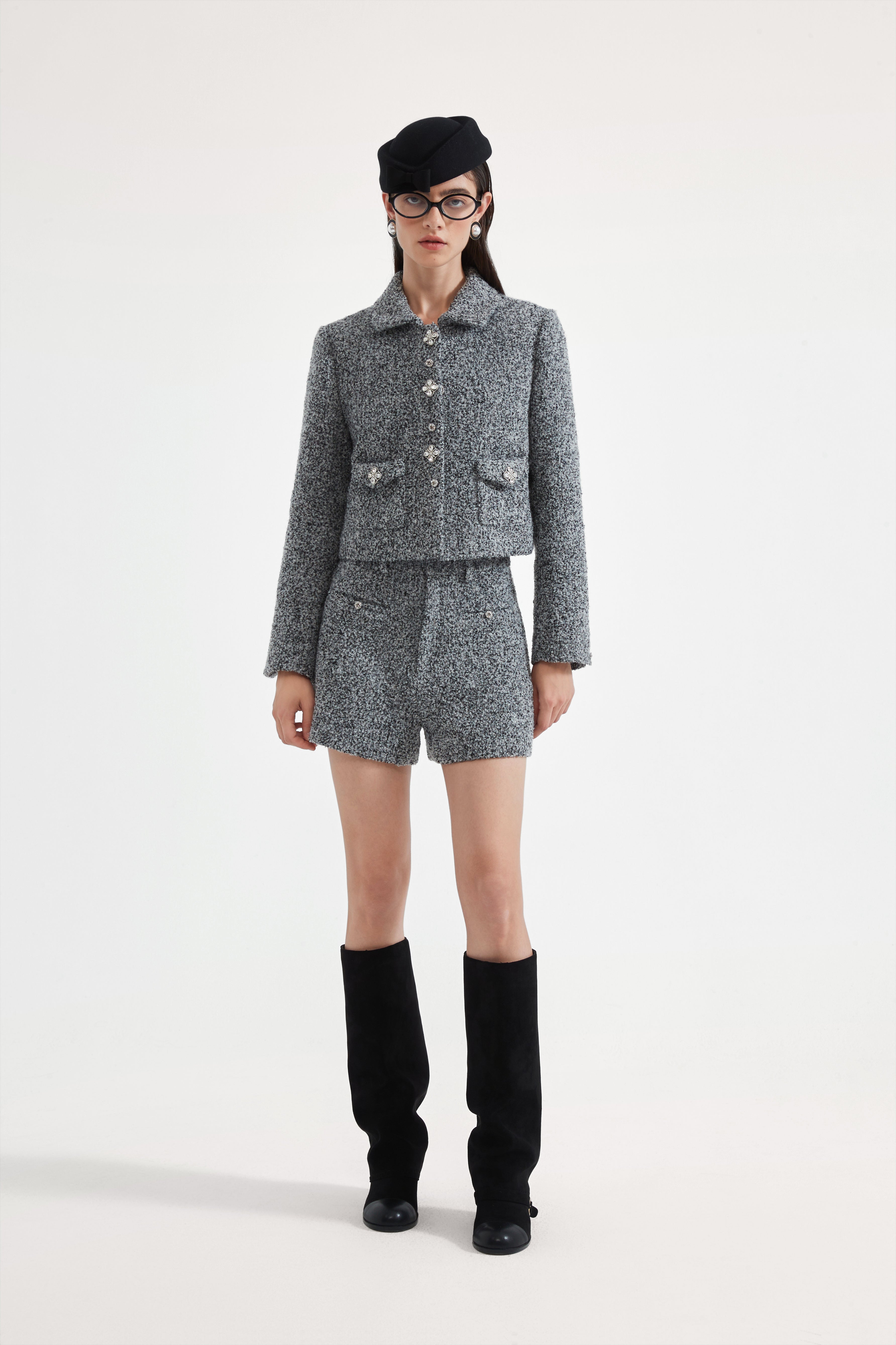 Gray Collar Looped Woolen Coat
