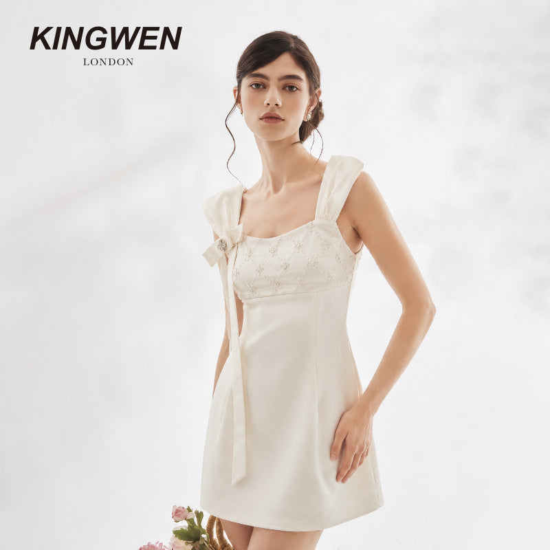 Pearlescent White Wide Strap Sequin Bow Dress
