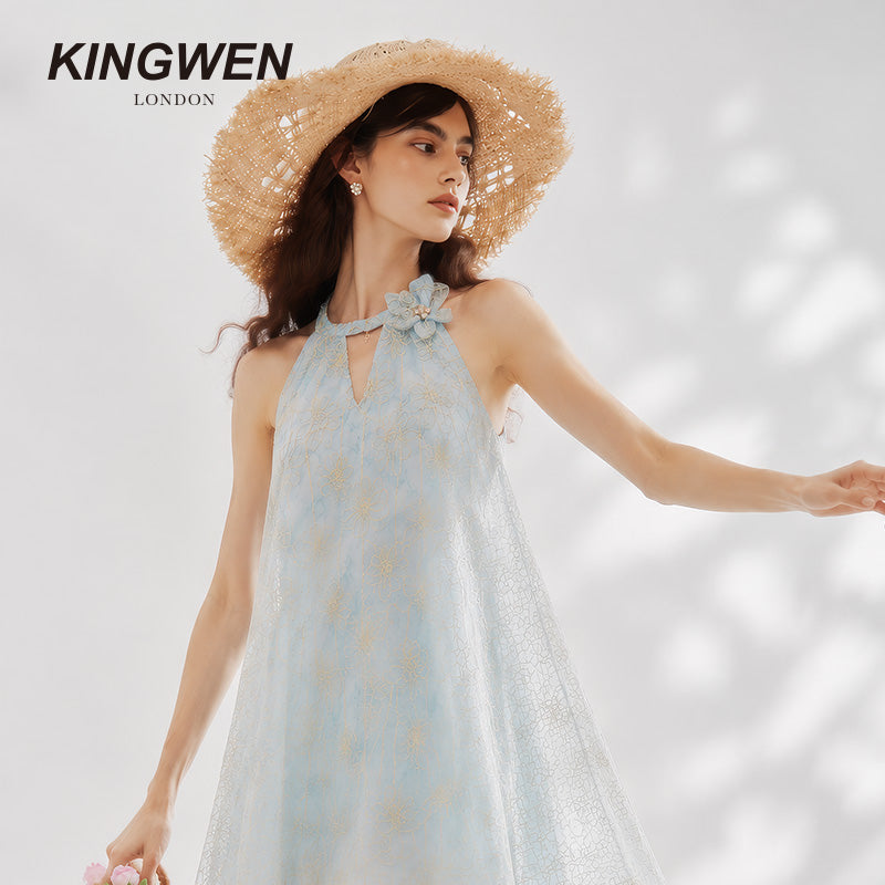 Blue Rattan Texture Halter Pearl Backless Dress
