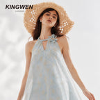Blue Rattan Texture Halter Pearl Backless Dress