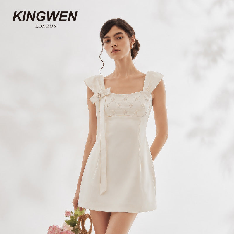Pearlescent White Wide Strap Sequin Bow Dress