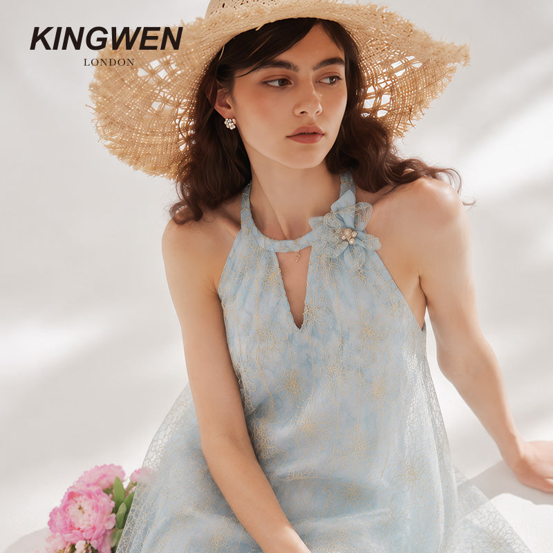 Blue Rattan Texture Halter Pearl Backless Dress
