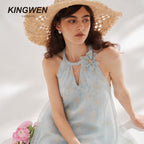 Blue Rattan Texture Halter Pearl Backless Dress