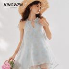 Blue Rattan Texture Halter Pearl Backless Dress