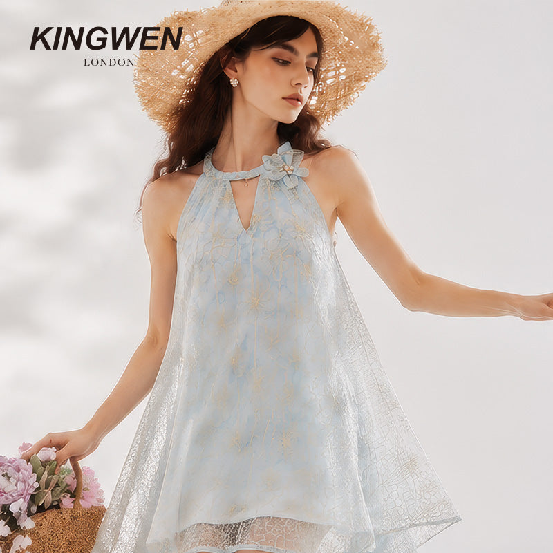 Blue Rattan Texture Halter Pearl Backless Dress