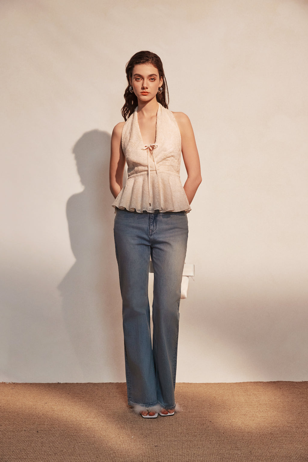 Beige Jacquard Halter Top