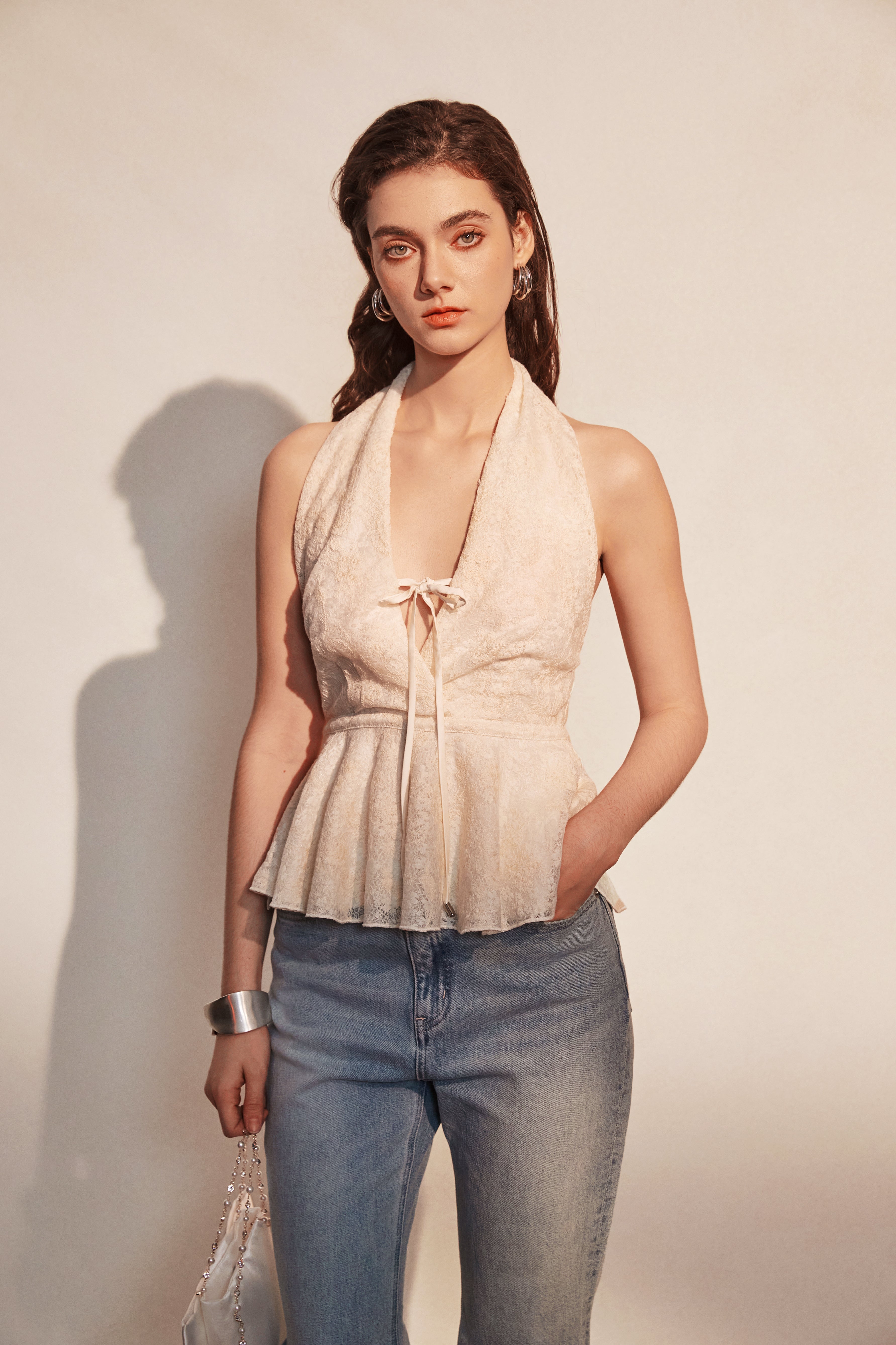 Beige Jacquard Halter Top