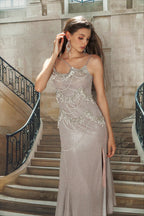 Greyish Pink Glitter Side Split Dress