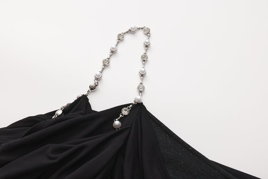 Black Metal-Strapped Ruched Fitted Dress