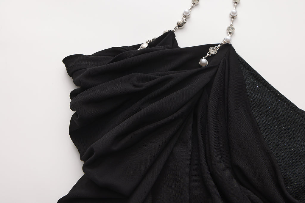 Black Metal-Strapped Ruched Fitted Dress