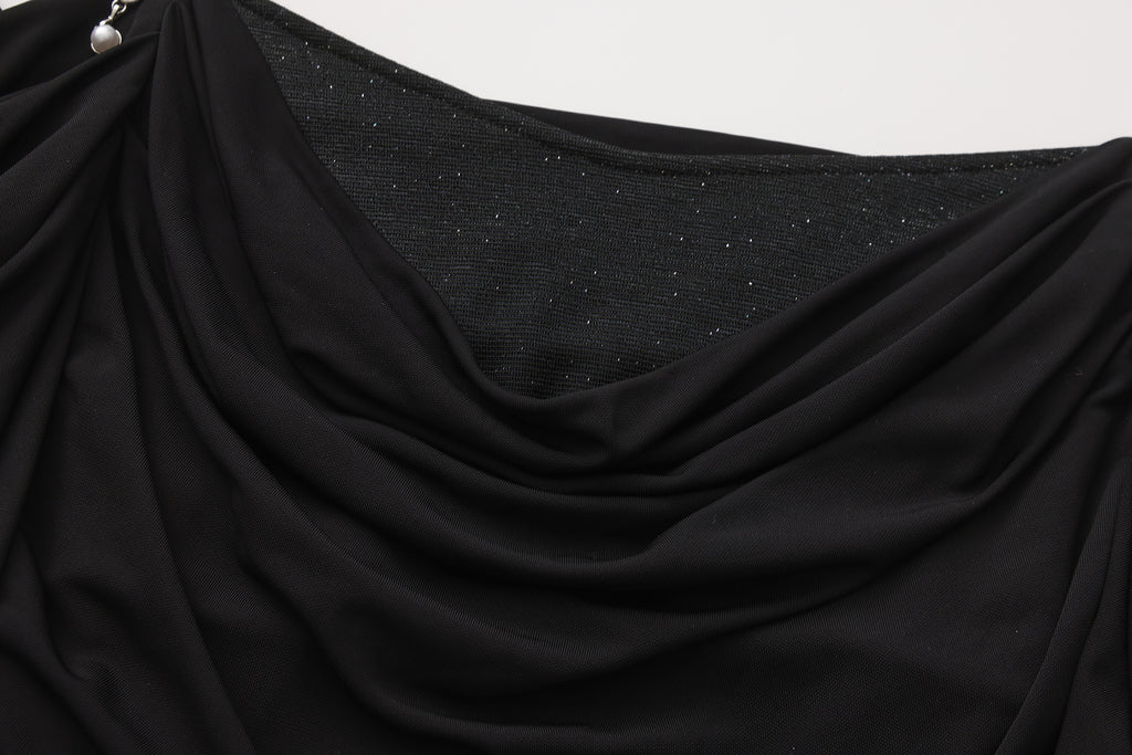 Black Metal-Strapped Ruched Fitted Dress