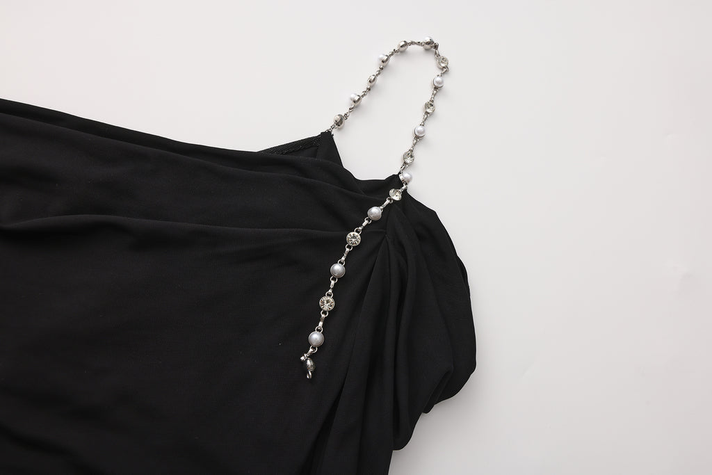 Black Metal-Strapped Ruched Fitted Dress