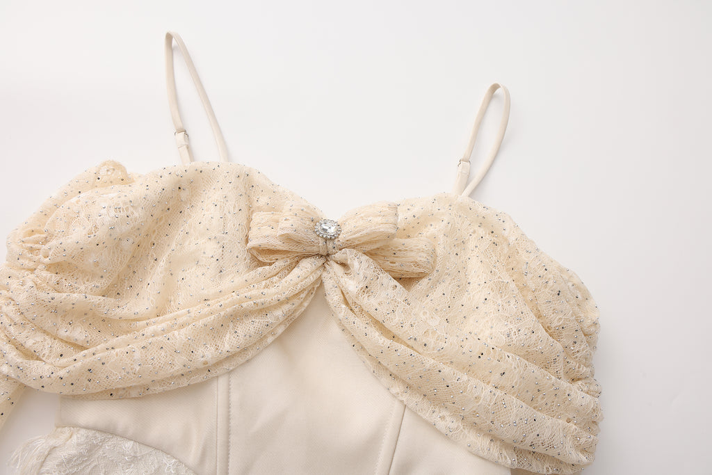 Beige Lace Fitted Waist Dress