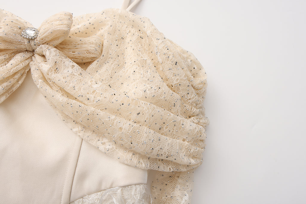 Beige Lace Fitted Waist Dress