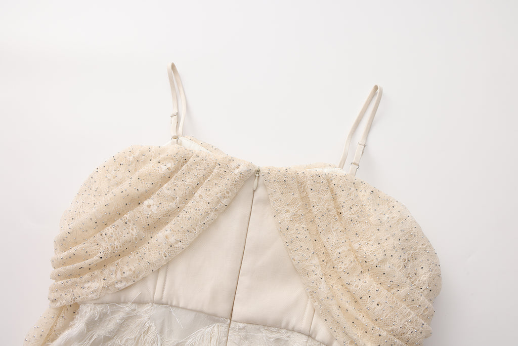 Beige Lace Fitted Waist Dress