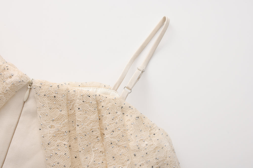 Beige Lace Fitted Waist Dress