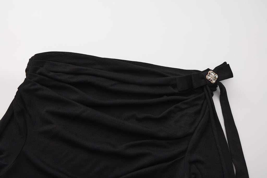 Black Off-The-Shoulder Pleated Bow Ribbon Blouse