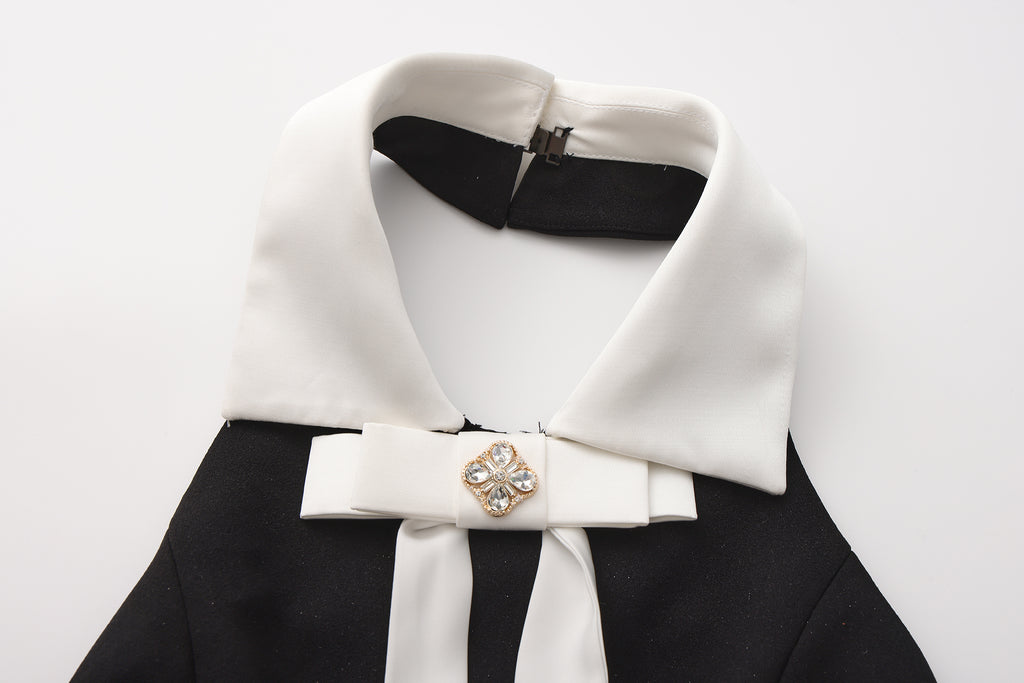 Black Bow Collared Waist-Cinching Dress