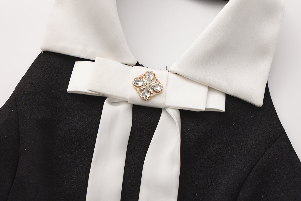 Black Bow Collared Waist-Cinching Dress