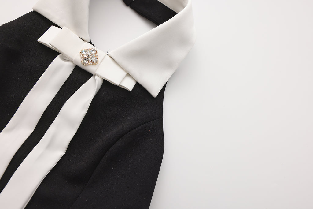 Black Bow Collared Waist-Cinching Dress