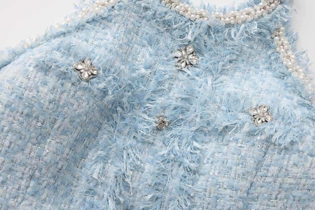 Blue Halter Beaded Tweed Dress