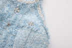Blue Halter Beaded Tweed Dress