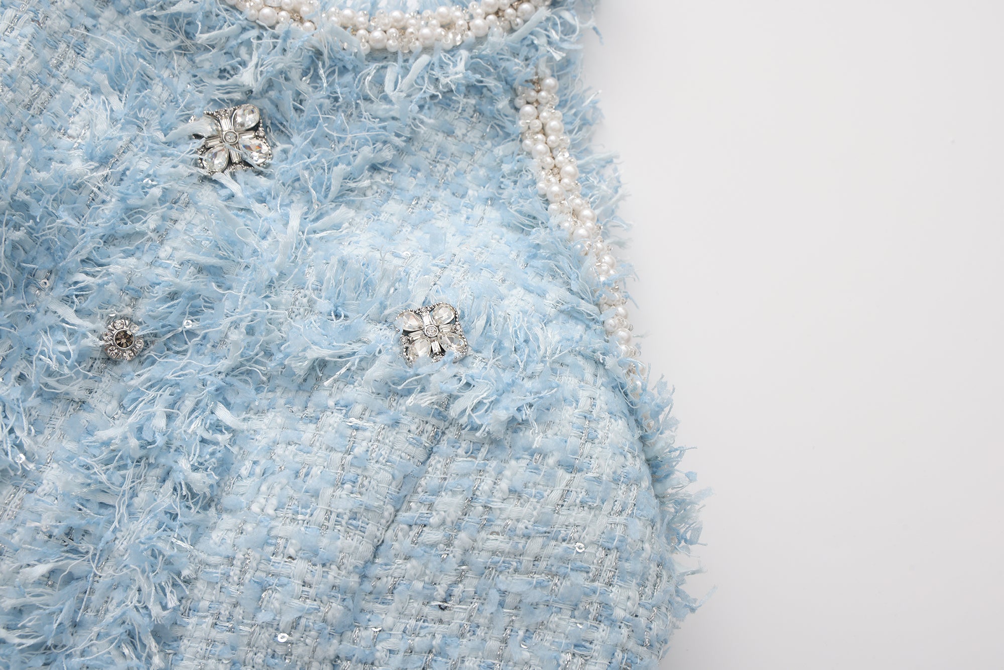 Blue Halter Beaded Tweed Dress